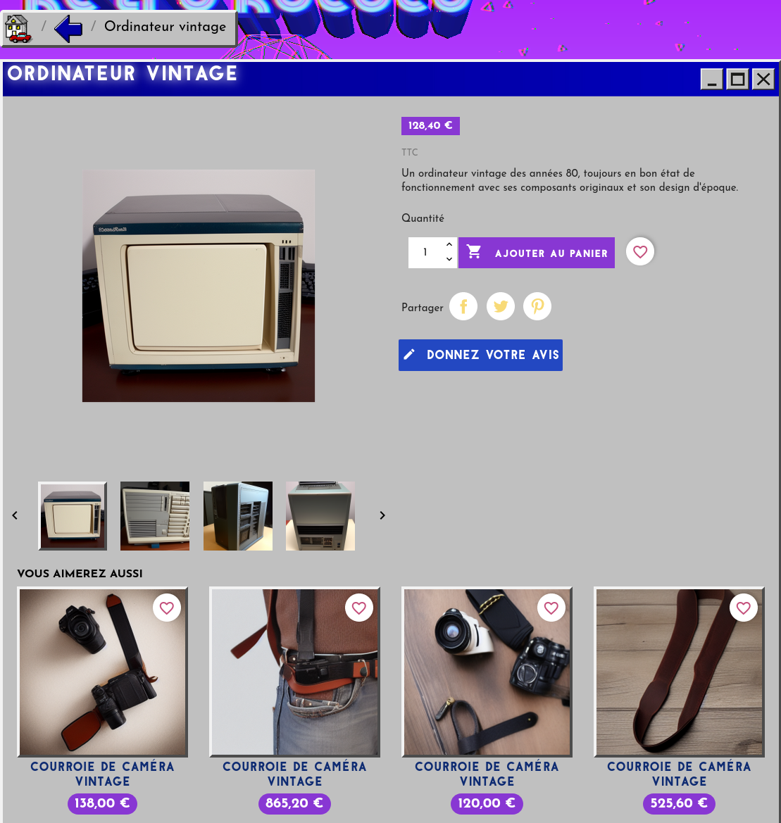 Page d'un produit sur le site Retro Rococo