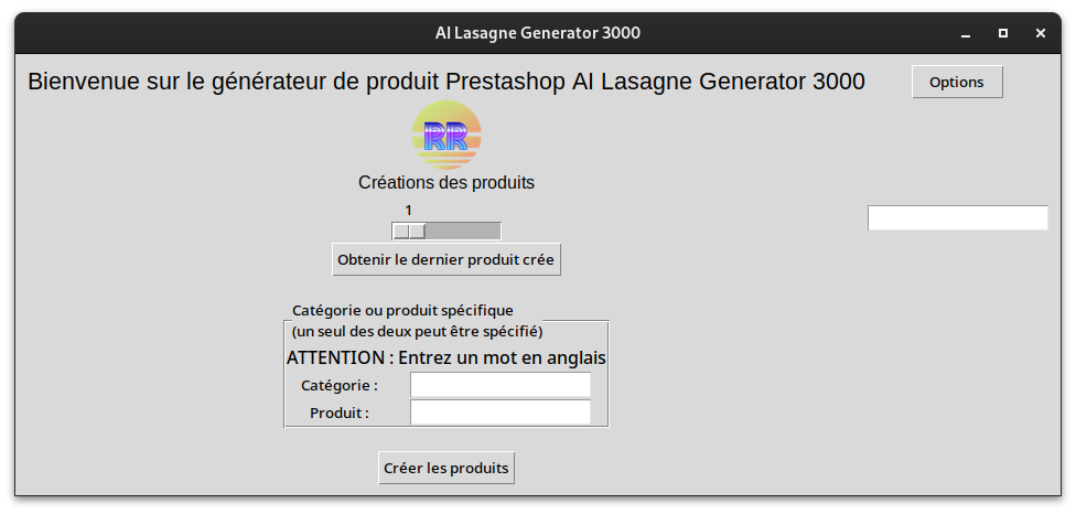 Image de l'application AI Lasagne Generator 3000 permettant de générer des produits via deux IA